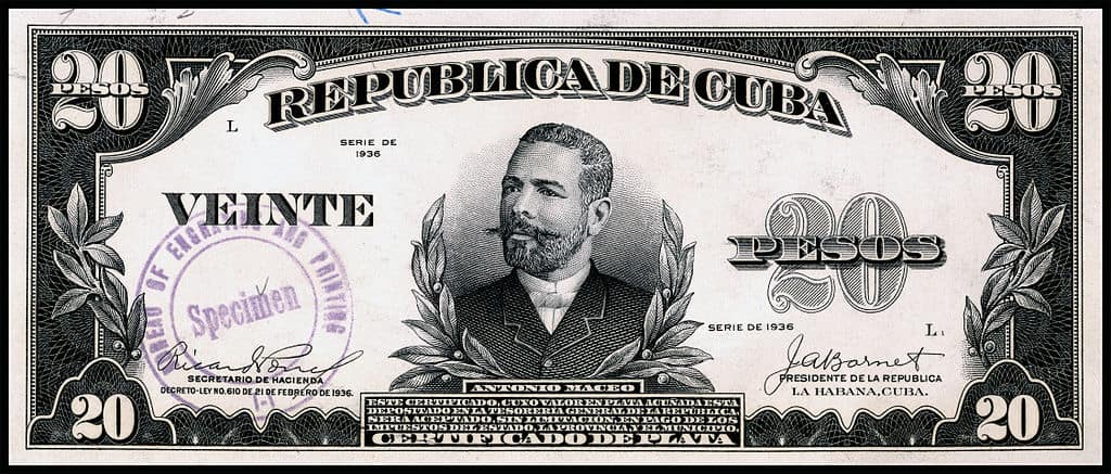 Certificado por 20 pesos del año 1936 con la imagen de Antonio Maceo