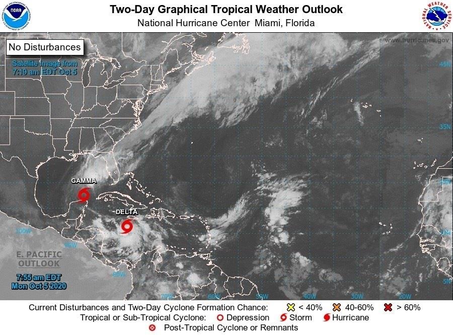 Fotografía satelital que muestra la localización de las tormentas tropicales Gamma y Delta en el Caribe